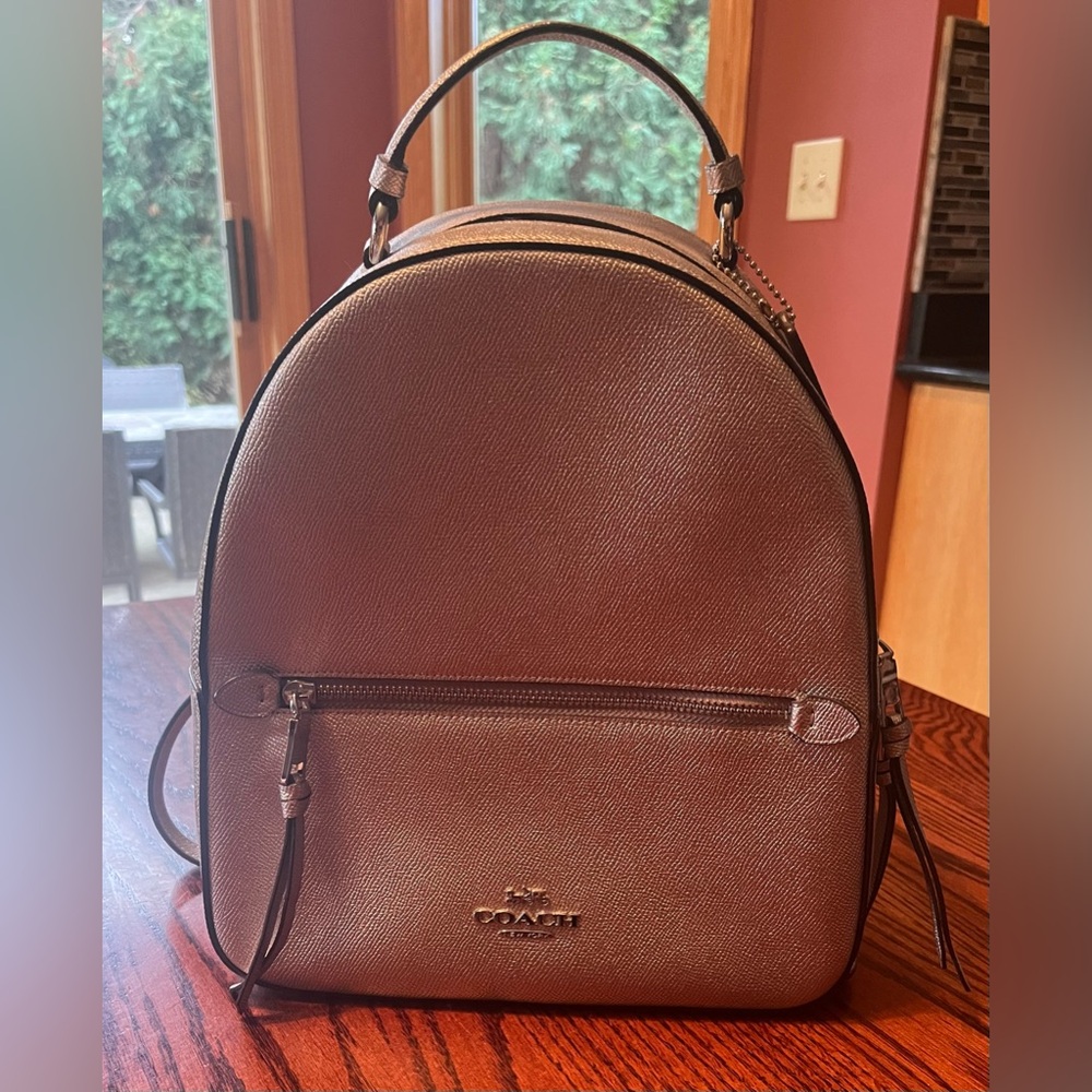 Platinum Coach Leather Backpack with silver hardware